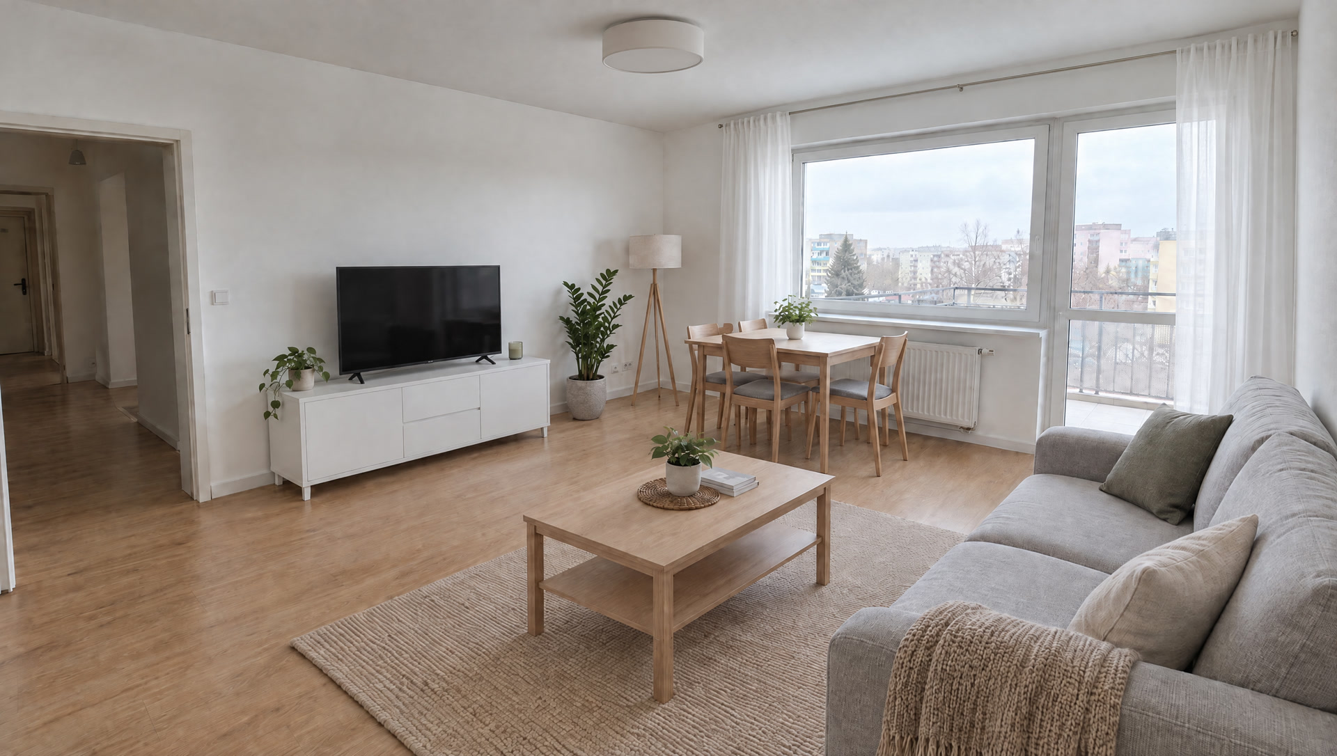 To samo mieszkanie po home stagingu, z meblami i sprzętami